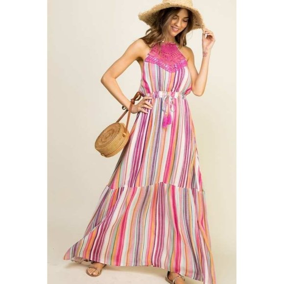 Main Strip Striped Halter & Lace Maxi Dress - Picture 2 of 6